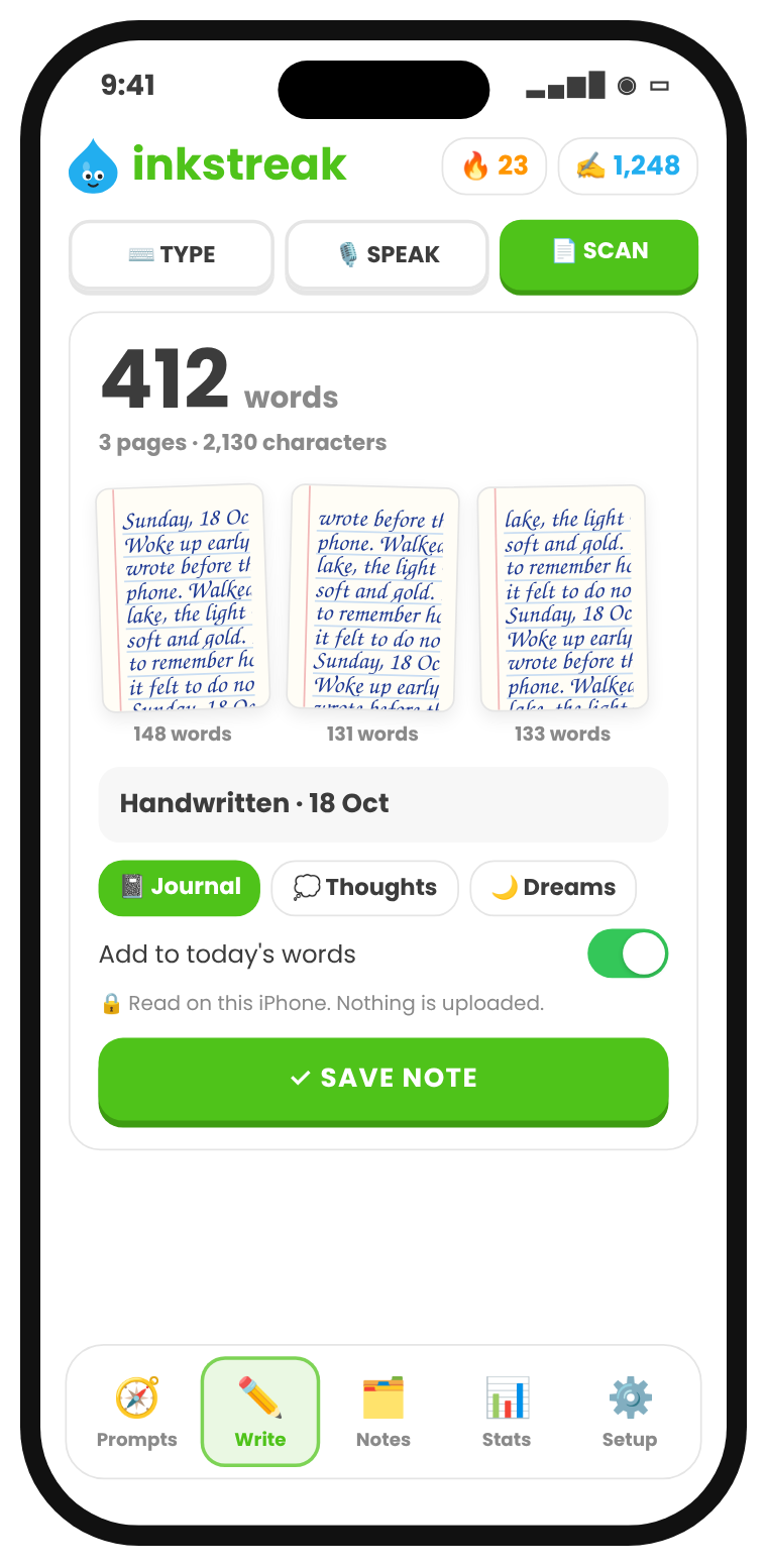 Scanned handwritten journal pages with a word count